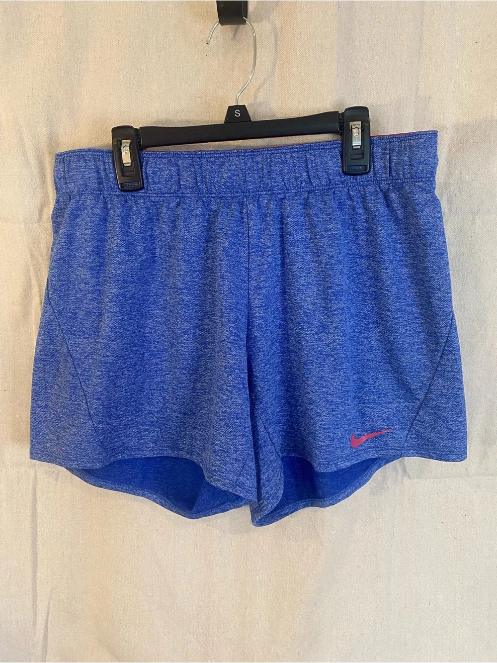 Nike Women's Heather Royal Blue Athletic Shorts with Pink Swoosh